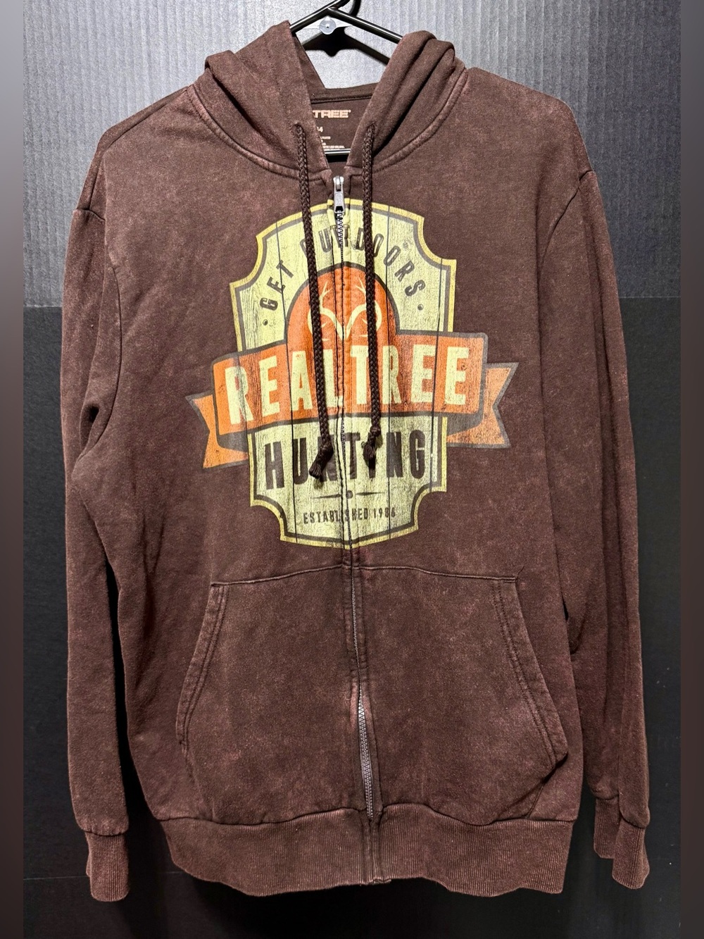 🎒Realtree Hunting Outdoors Acid Wash Brown Full Zip Hoodie Size Large